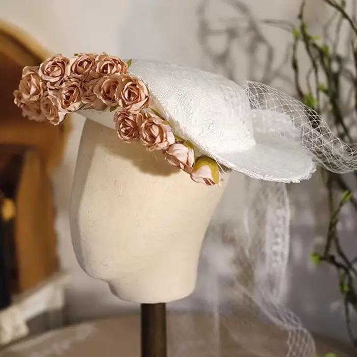 Chapeau de mariage féerique Vintage pour femmes, chapeau fascinateur en dentelle à fleurs roses, lon