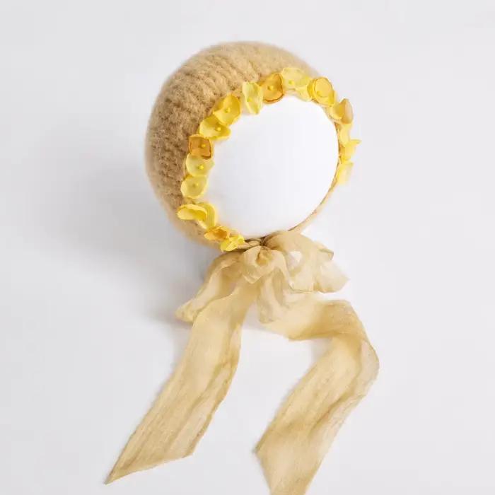 Bonnet tricoté pour nouveau-né, accessoires de photographie, chapeau floral beige, couvre-chef pour 