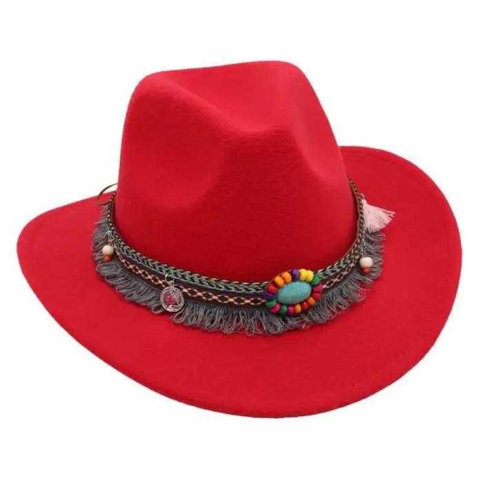 Chapeau de cowboy de style ethnique occidental, couleur unie avec pompons, chapeau tibétain à large 