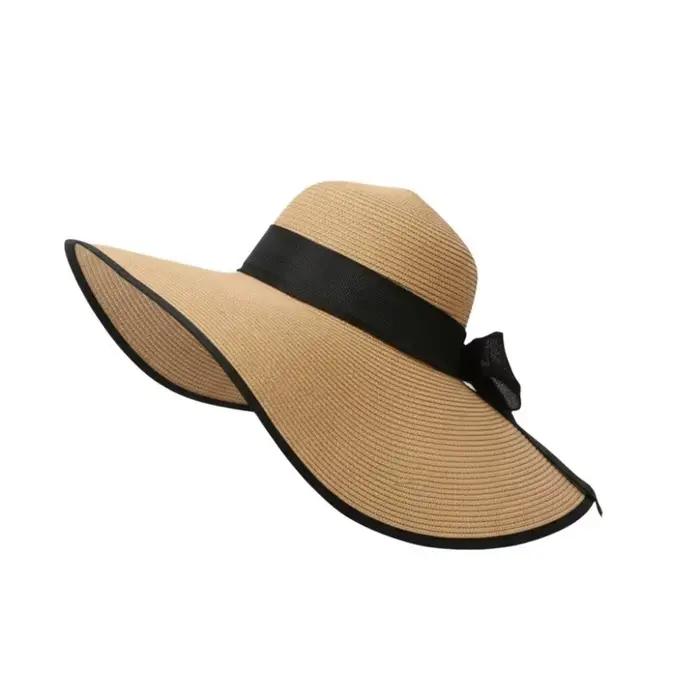 Chapeau de soleil respirant pour la plage avec ruban en dentelle, grand bord, en paille tressée, cou