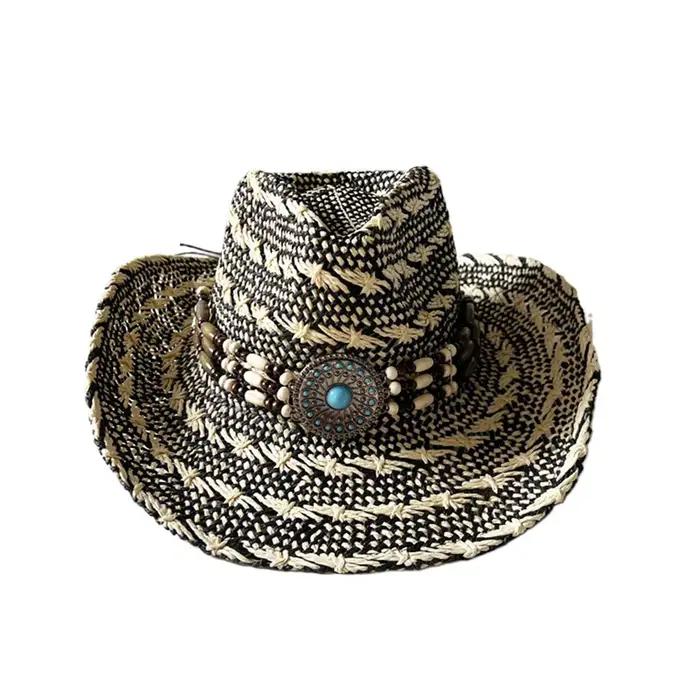 Chapeau de Cowgirl occidental de Style ethnique pour hommes et femmes, chapeau de plage en paille à 