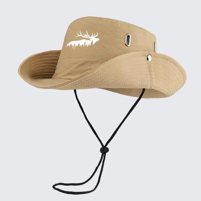 Chapeau de soleil d'extérieur à imprimé forêt de cerfs - Bob respirant à large bord avec sangle sous