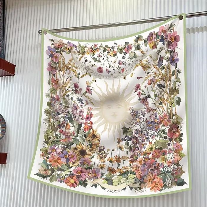 Foulard carré de marque pour femmes, 90cm, mode florale, sergé, soie, châle, Hijab, luxe, Bandana, F