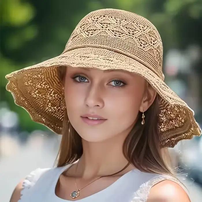 Grand chapeau de paille à large bord pour femme, chapeau de pêcheur d'été en dentelle ajourée à larg