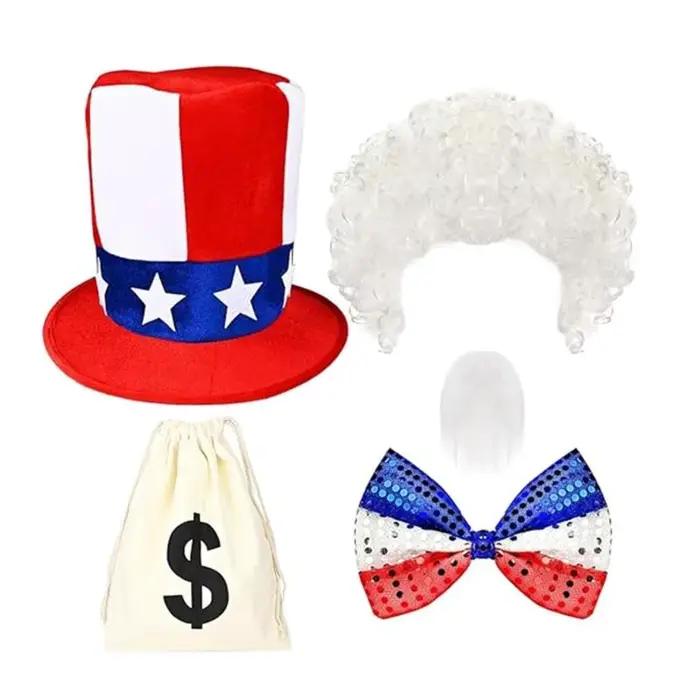 39BD – Costume patriotique pour hommes adultes, accessoires avec chapeau, barbe, perruque à nœud pap
