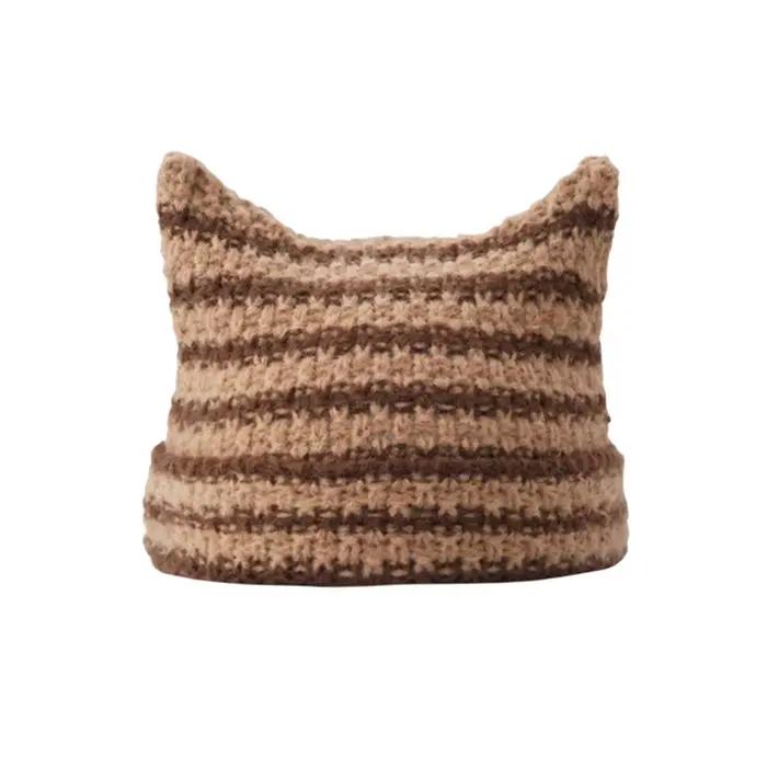 Chapeaux oreilles de chat pour femmes et filles, punk, rayé, épais, chaud, bonnet, pendentif boule d