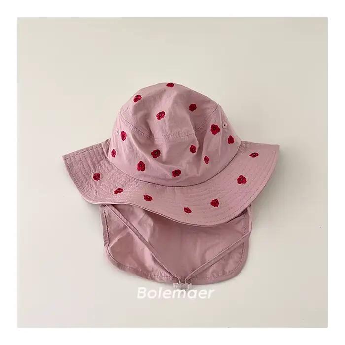 Chapeau Panama pour enfants mignon avec broderie de dessin animé, protection du cou, large bord, cha