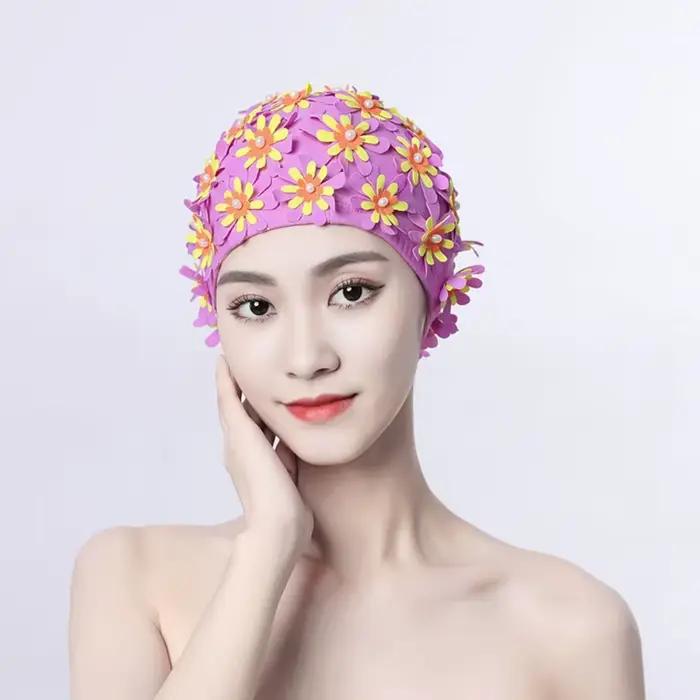 Bonnet de bain floral perlé à pétales, pour cheveux longs, respirant, style vintage, accessoires de 