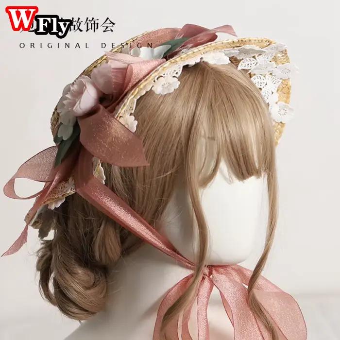 Harajuku-Chapeau de soleil en paille pour femmes et filles, couvre-chef d'été doux, Kawaii Lolita Co