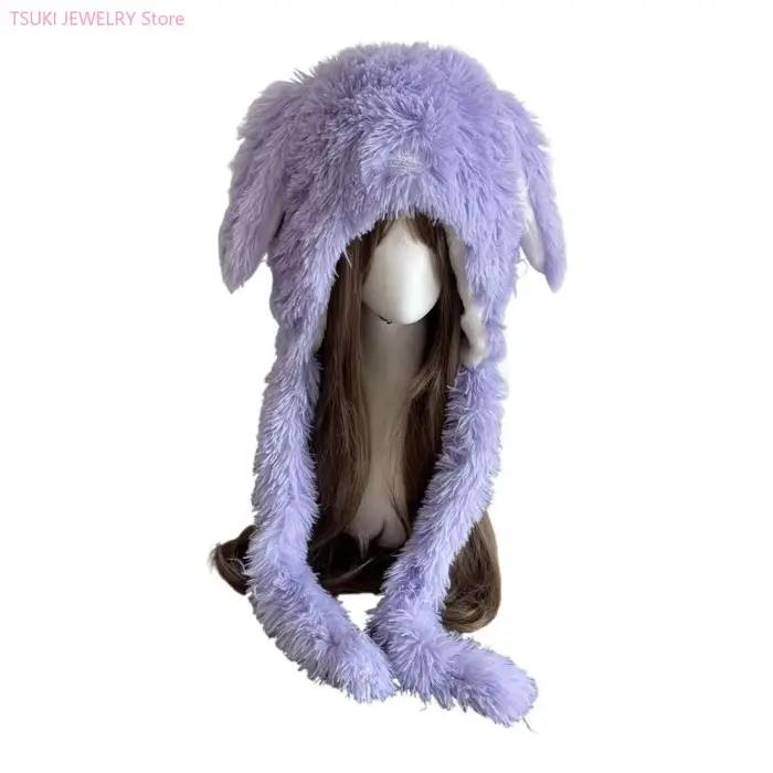 62KE chapeau chaud en peluche avec oreilles lapin souples, chapeau essentiel pour temps froid, ski, 