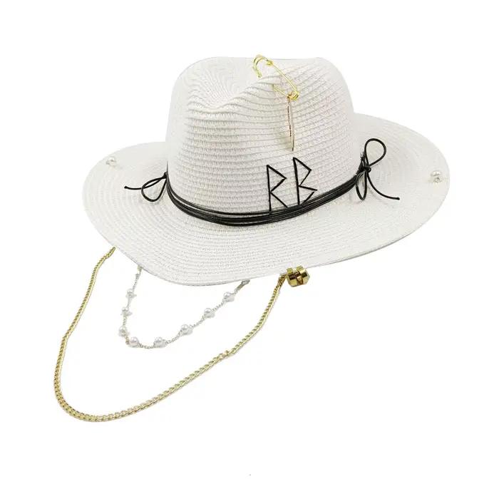 Chapeau de paille en feuilles de palmier à faire soi-même avec chaîne de perles — Chapeau de soleil 