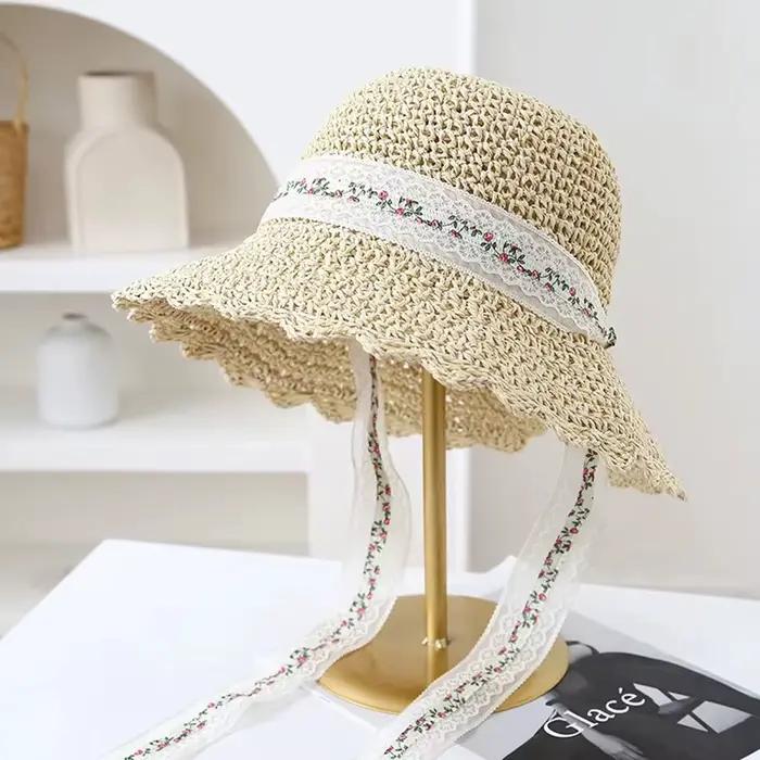 Chapeaux d'été pour femmes, chapeau de soleil pliable avec ruban à fleurs, casquette en paille pour 