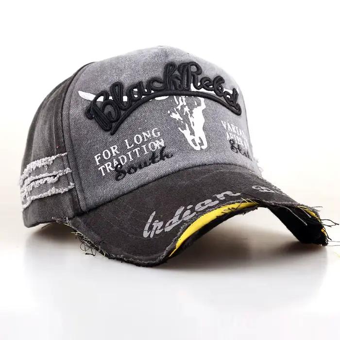 Casquette de baseball unisexe, broderie 3D tête de taureau, effet vieilli, franges, style décontract