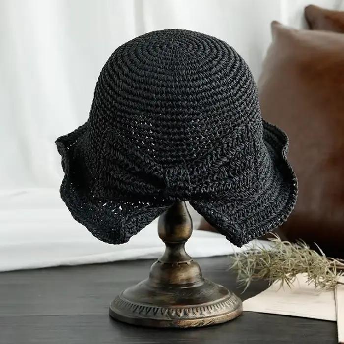 Chapeau de paille femme nœud papillon Crochet été bassin chapeau pliable plage chapeau de soleil à l