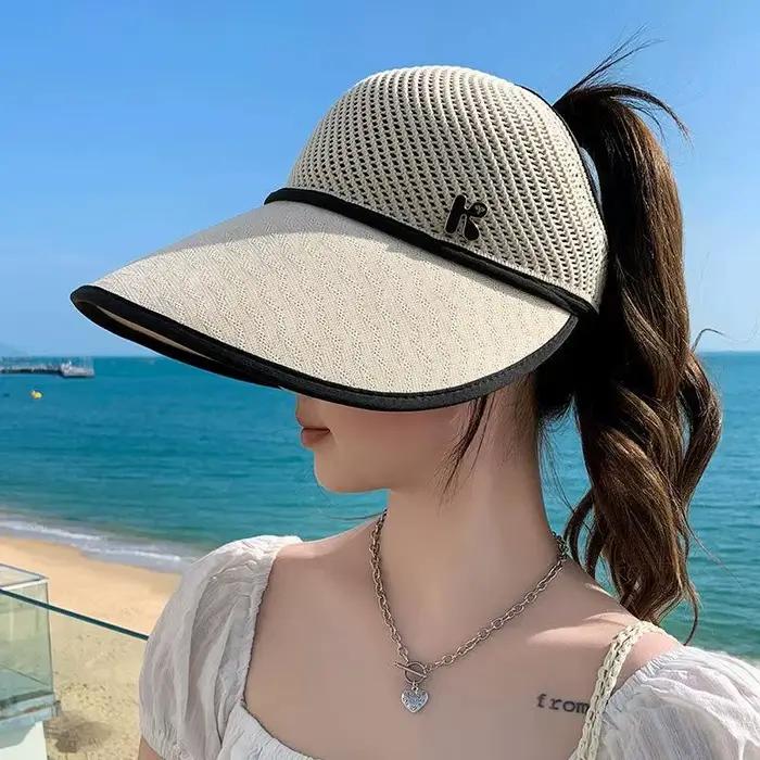 ☂ Chapeau de soleil d'été en paille à visière large pour femme, chapeau de voyage anti-UV pour la pl