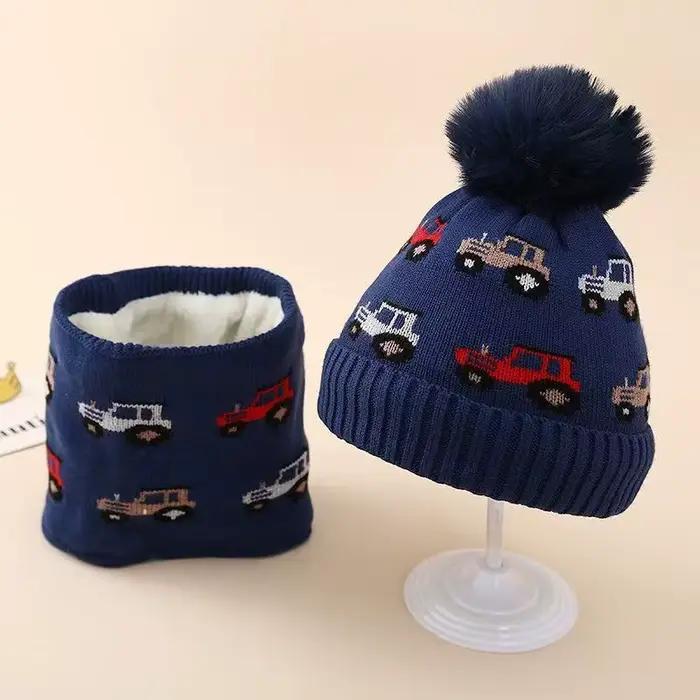 Ensemble chapeau et écharpe en tricot pour enfants, casquette d'hiver à rabat d'oreille à motif de v
