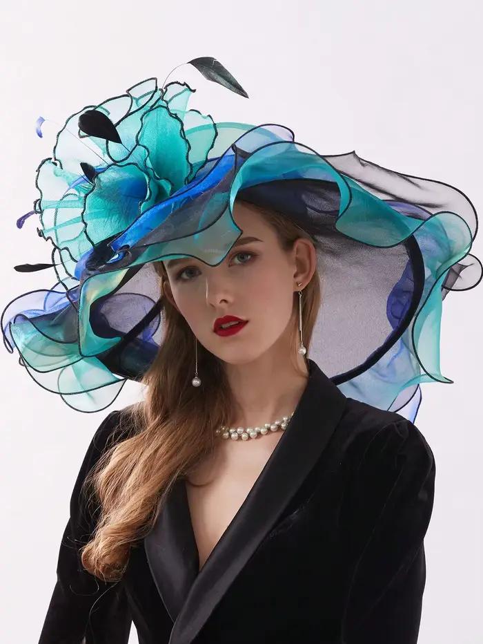 Chapeau Fascinateur Derby en Organza pour Femme, Fleurs à Large Bord, Élégant, Mariage, ixd'Église, 