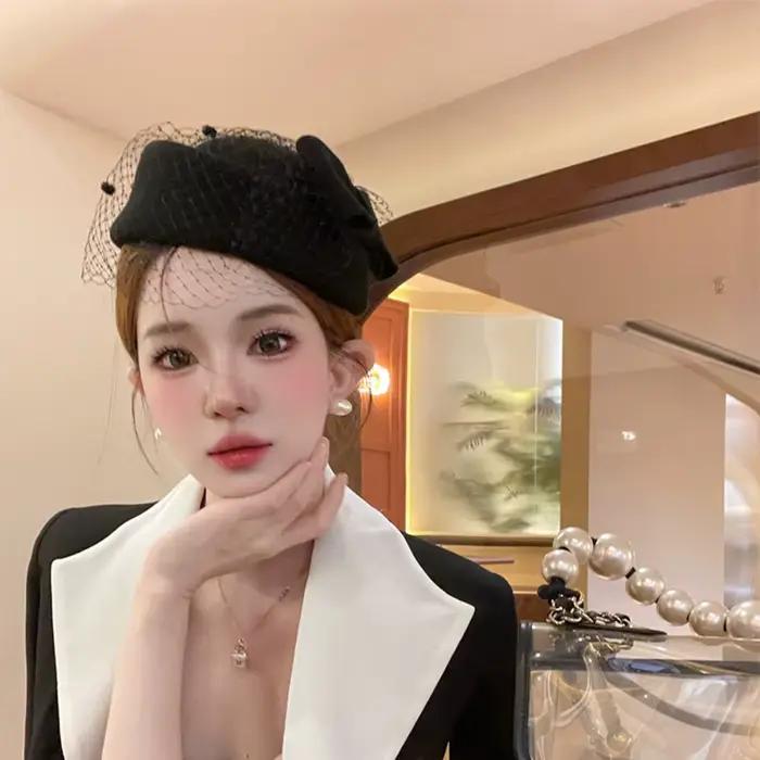 Chapeau à nœud en laine de style britannique vintage avec voile, cachemire, élégant chapeau de boîte