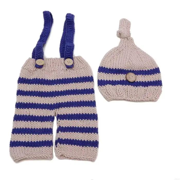 Chapeau et combinaison tricotés à rayures pour bébé, nouveau-né garçon, Costume en tricot au Crochet