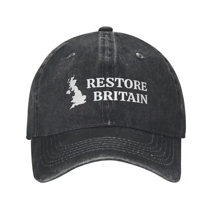 Casquette de baseball Rupert Lowe du parti politique britannique Restore Britain, en denim vieilli n
