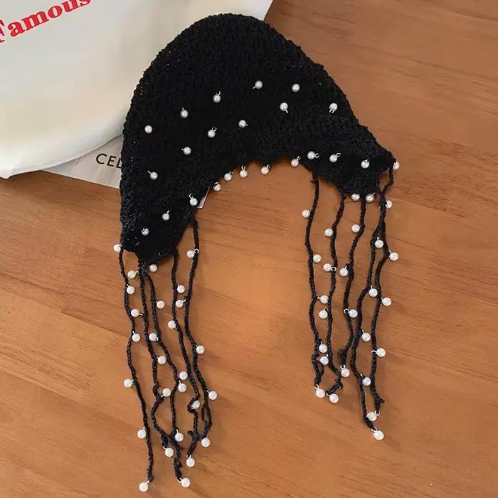 Chapeau de bandeau avec pendentif en perles ajourées pour femmes, chapeau de pull tricoté de Style e