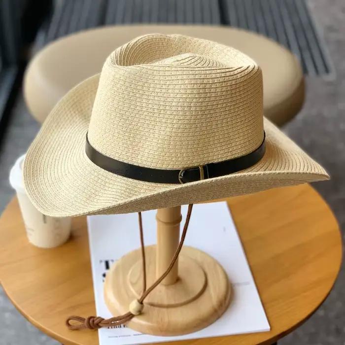 Chapeau de paille de cowboy western d'été 62 cm à large bord roulé pour hommes et femmes, protection