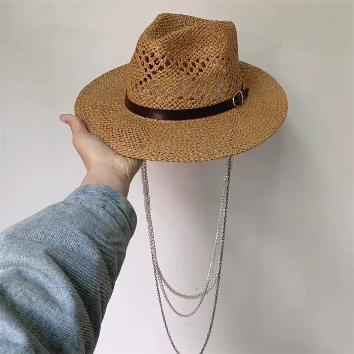 Chapeau seau en paille avec chaîne de perles, Style Punk, pour voyage en plein air, chapeau de pêche