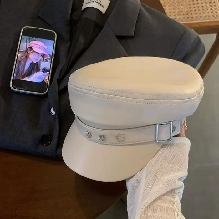 Béret en cuir Pu étoile rétro, casquette de journal de Style britannique, chapeau octogonal d'artist