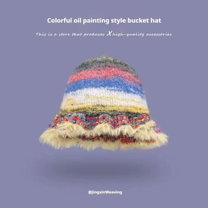 Chapeau seau en tricot pour femmes, rétro, rayures de couleur, Style peinture, bord à volants, chaud