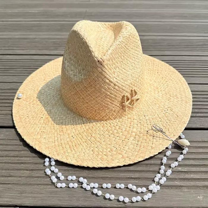 2025 nouveau RB lettre Cowboy raphia perle chaîne chapeau femmes hommes casquette été Panama Jazz ch