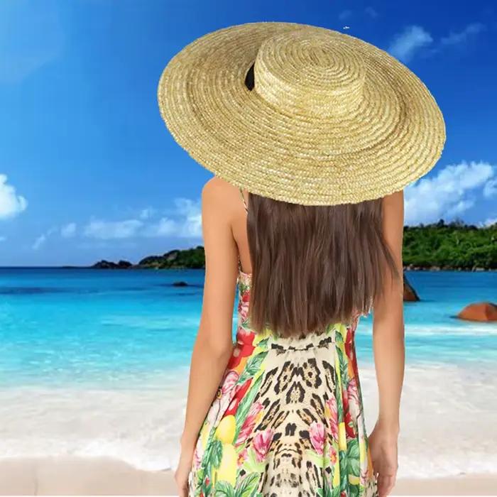 Chapeau de paille à large bord pour femmes, long chapeau de plage à ruban pour dames, casquette pare
