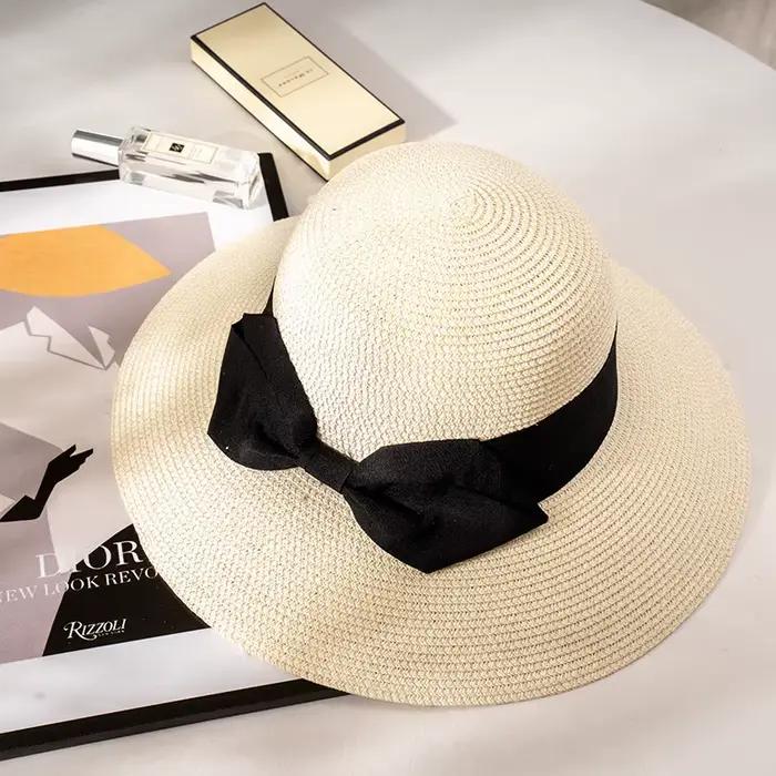 Chapeau de paille grand avant-toit pour femme, avec nœud papillon noir, protection solaire, chapeau 