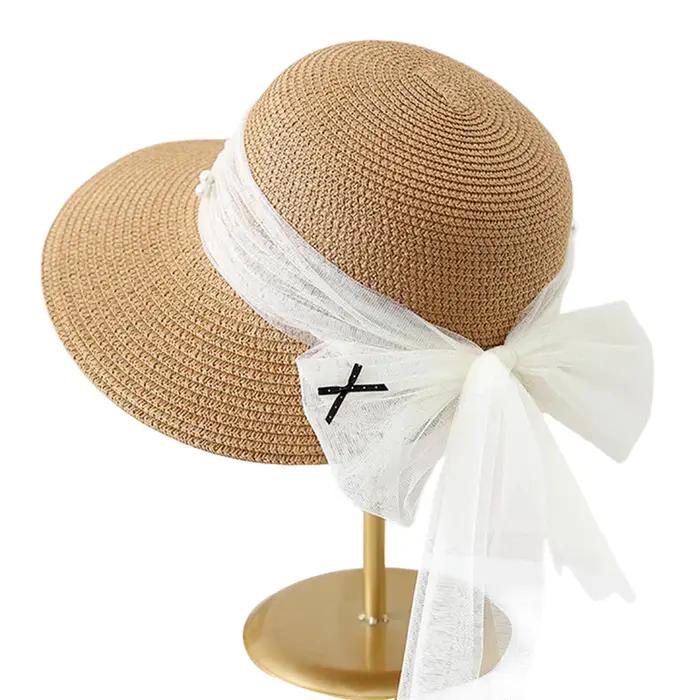 Chapeau de soleil en paille élégant avec nœud en maille de perles pour femmes, casquette de plage à 