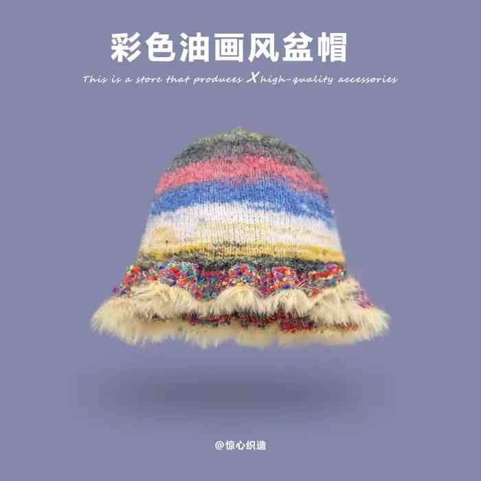 Chapeau seau en tricot pour femmes, rétro, rayures de couleur, Style peinture, bord à volants, chaud