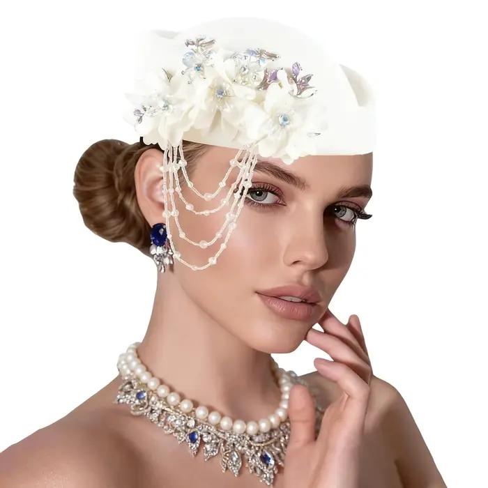 Chapeau britannique rétro pour femmes, élégant, motif Floral 3D, strass décoré, casquette d'agent de
