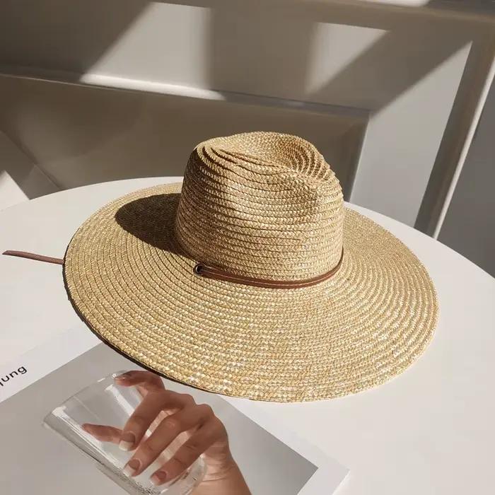 Chapeau de soleil en paille avec sangle de ceinture pour femmes, mode vacances plage UV, été à large