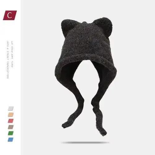 Corée du Sud Instagram mignon chat oreille tricoté chapeau femmes japonais cravate tout chaud coupe-
