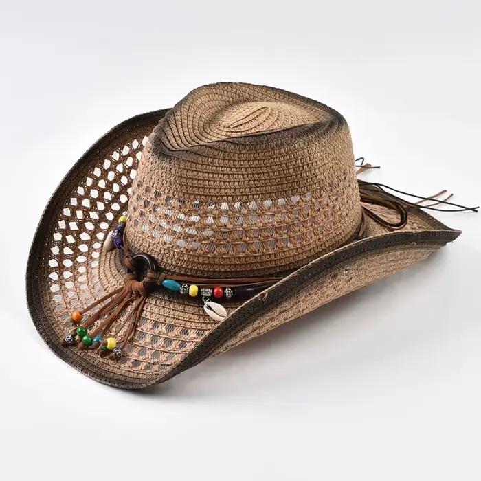 Chapeau de cowboy en paille style bohème pour femmes et hommes, ajouré, protection solaire, chapeau 