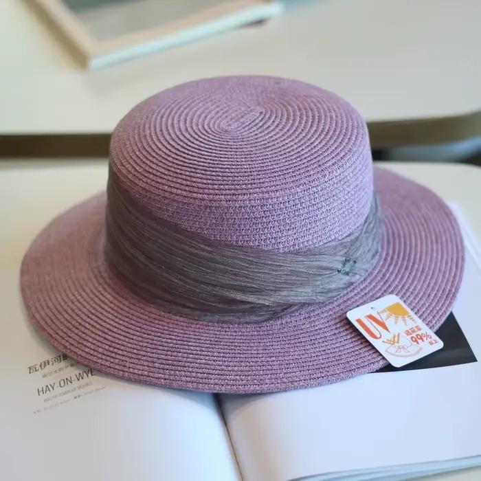 Chapeau de paille plat pour femme, élégant style français, avec ruban, chapeau canotier, chapeau de 