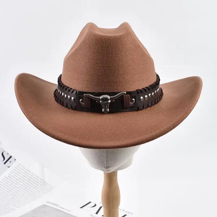 Rétro taureau tête de bœuf Rivet bande de cuir Western Cowboy chapeau unisexe retrousser bord Cowgir
