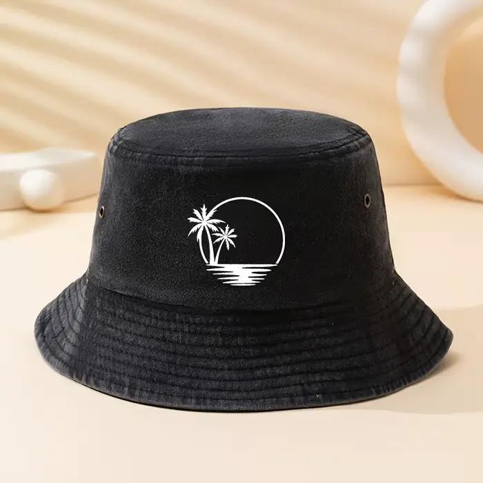 Un chapeau bob unisexe, tendance et polyvalent avec imprimé cocotier, chapeau bob léger pour l'extér