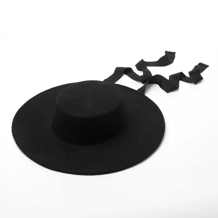 Chapeau en feutre à large bord pour femmes et hommes, dessus plat, chapeaux de bateau d'hiver, ruban