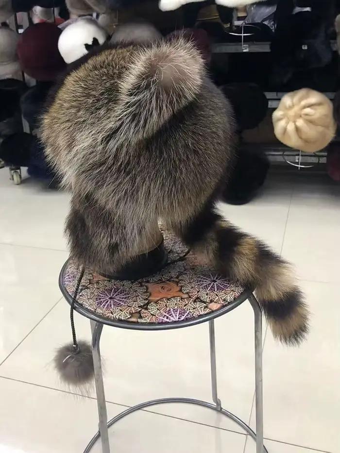 ICYMI-Chapeau Bombardier en Fourrure de Raton Laveur Naturelle pour Femme et Fille, Oreilles de Chat