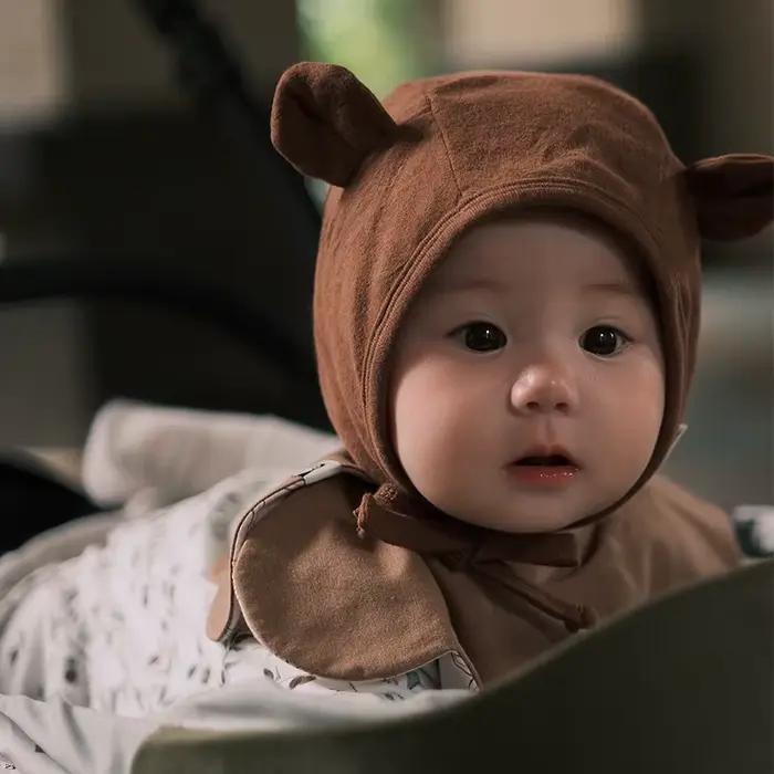 Chapeau à rabat d'oreille pour bébé ours, mode coréenne, Beige, Bonnet à tirer avec attaches pour no