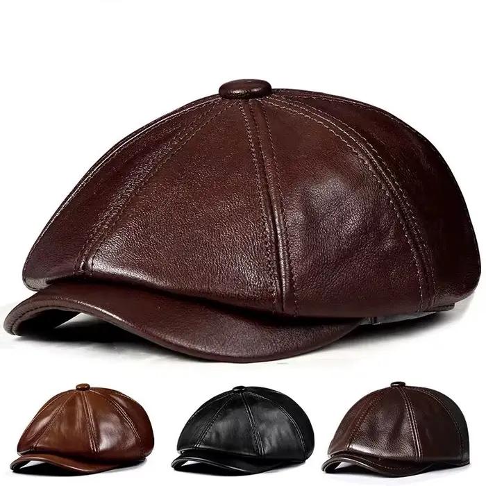 Printemps nouveau chapeau en cuir véritable casquette en peau de vache béret chaud coton hommes remb