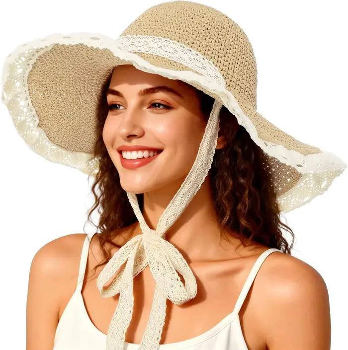 Chapeaux de plage pour femmes - Chapeau de soleil pliable en paille avec ruban en dentelle pour femm