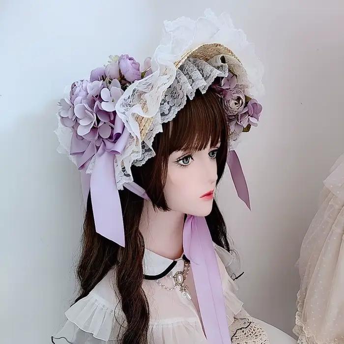 Lolita fleur élégant chapeau plat tissage haut-de-forme fleur mariage thé fête pastorale chapeau de 