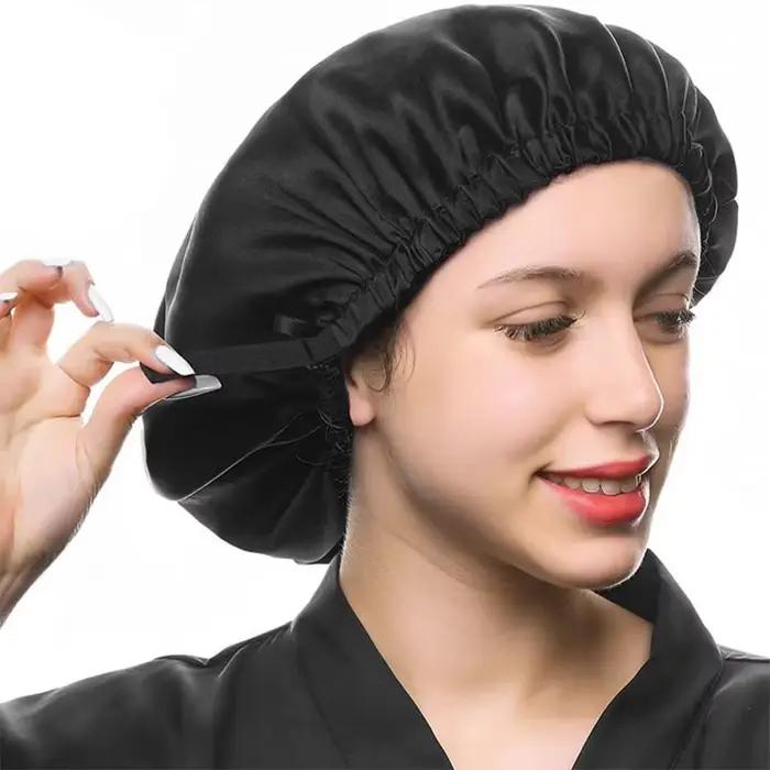 Bonnet en soie véritable 100% Birdtree 16MM, bonnet de nuit double couche pour femme, bandeau élasti