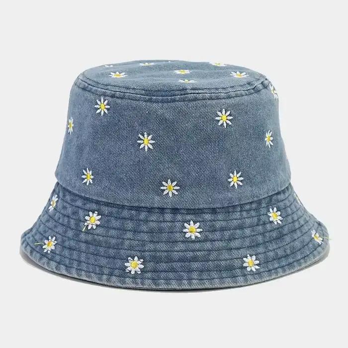 Chapeaux de pêcheur en jean brodés Daisy, chapeaux de bassin polyvalents printemps-été, casquettes d