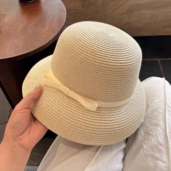 Chapeau de soleil bob tendance en paille avec nœud français, style Hepburn, à large bord, pour la pl